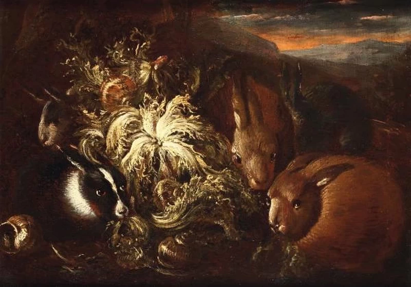 Una natura morta con conigli
